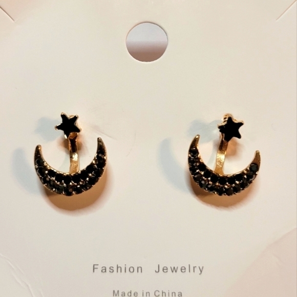 MOON & Star Design Rhinestone Stud Earrings - Picture 3 of 4